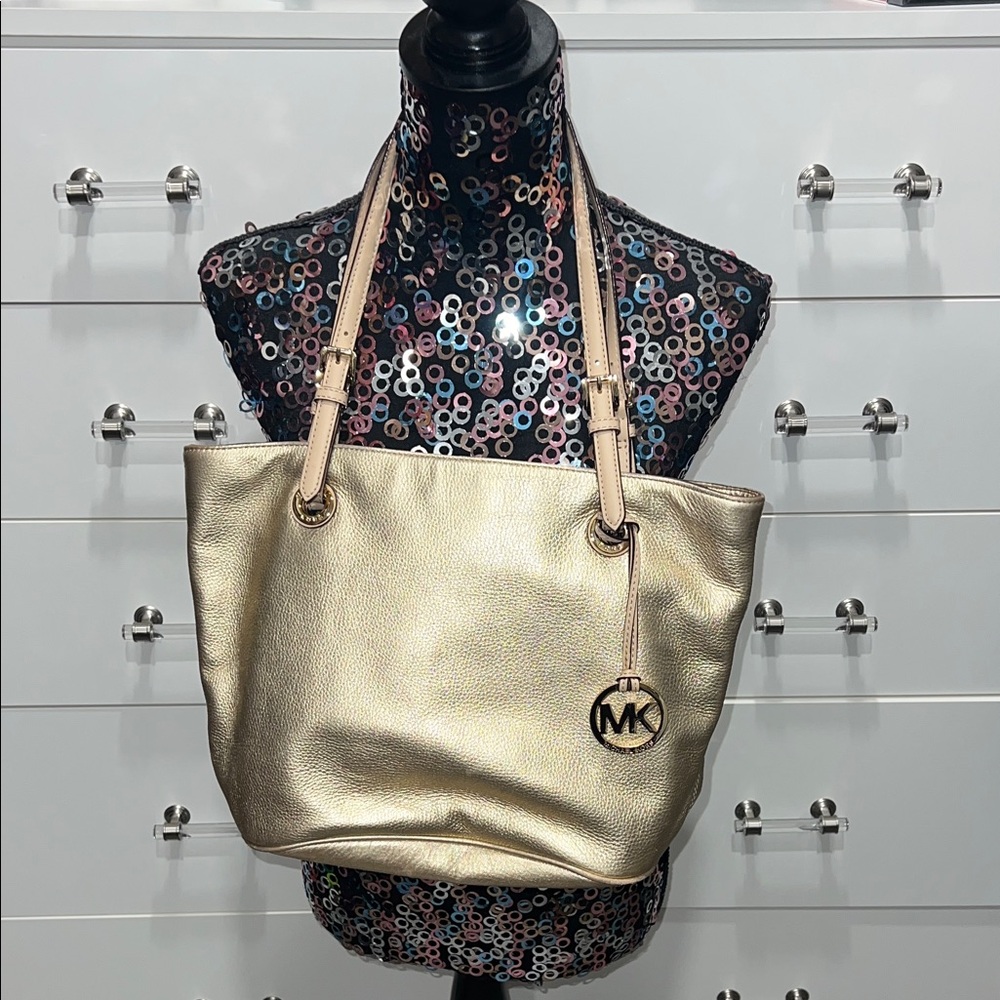 Michael Kors Gold Pebbled Leather Tote with Adjustable Cream Strap
